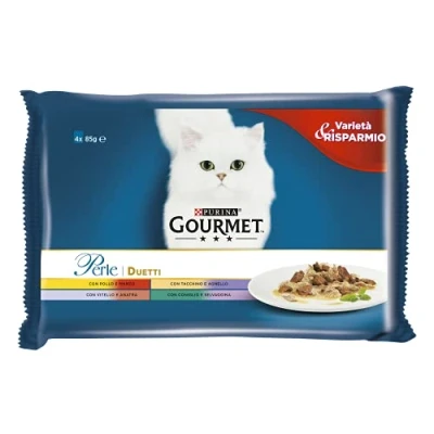 Imagen de Purina Gourmet Perle Humidas Gato Duetti con Carnes Delicadas Carne y Pollo, Tacchino Cordero, Ternero Pato, Conejo Selvaggina 48 Sobres de 85 g Cada uno (12 Paquetes 4 x g)