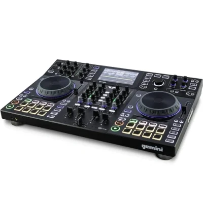 Imagen de Gemini Sound SDJ 4000 DJ Equipment Console Table con 2 cubiertas, mezclador de audio 4 canales, ruedas táctiles compatibles y pantalla HD 7 pulgadas
