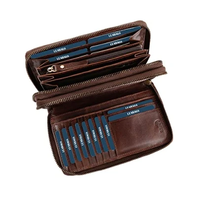 Imagen de LEABAGS Billetera de Cuero para Mujeres XXL con Doble Cremallera y Protección RFID Monedero Compartimento Monedas 29 Compartimentos Tarjetas 20 x 12 4 cm Vintage Cognac