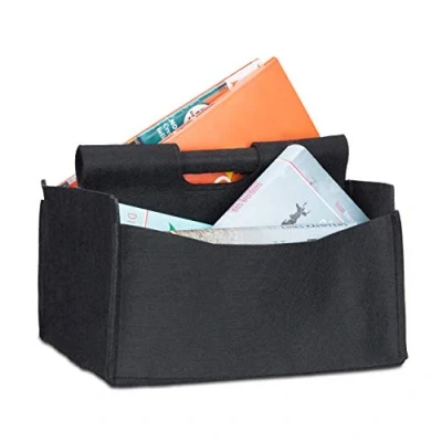 Imagen de Relaxdays Revistero con Asa y Dos Compartimentos, Fieltro, Negro, 22x32x29 cm, 14x23.5x19 cm