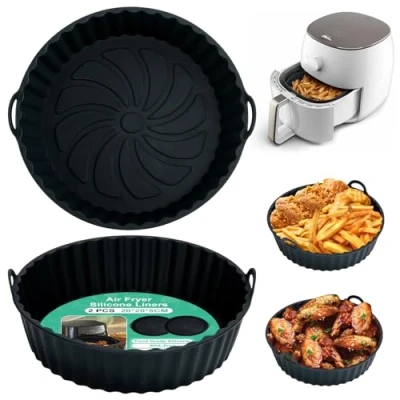 Imagen de Alyvisun Moldes Silicona Freidora de Aire, 2 Piezas Recipientes Bandeja Accesorios para sin Aceite Reutilizable Redondo Utensilios Cesta Air Fryer, Microondas, Horno (Negro)