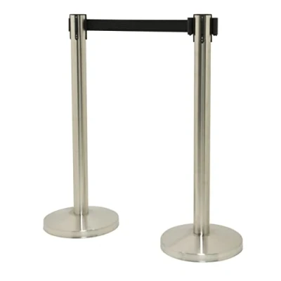 Imagen de SECURIT Set de 2 Postes Acero Inoxidable con Banda Retráctil Nylon + Base para Sistema Barrera Bar, Restaurante, Discoteca, Tienda H. 93 cm Color Plata
