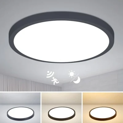 Imagen de Combuh Plafón LED con Sensor de Movimiento Radar, 28W 2800LM Negro Lampara Techo Redondo Crepuscular, 3000K/4000K/6000K Ø30CM luz para Pasillos Escaleras Garaje Balcón
