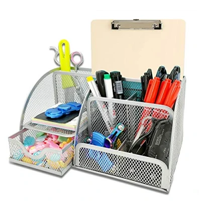 Imagen de KEPEAK Almacenamiento de Oficina Multifuncional, Organizador Escritorio Malla Simple para el Hogar con Cajón Deslizante, Portalápices Ahorrar Espacio (Plata)