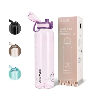 Imagen de UZSPACE Botella de agua deportiva 1 litro, a prueba fugas, apta para lavavajillas, apertura con un solo clic, bebidas carbonatadas, sin BPA, mujer, yoga, gimnasio, bicicleta