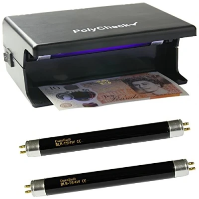 Imagen de PolyCheck Comprobador de notas UV 4 W con 2 bombillas repuesto DuraBulb Detecta billetes falsos polímero y papel