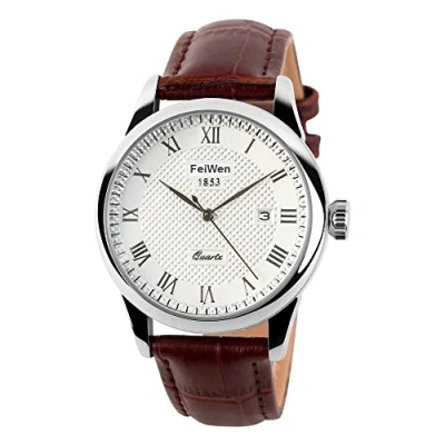 Imagen de FeiWen Fashion Lujo Reloj de Hombre y Mujer Acero Inoxidable Bisel con Piel Correa Casual Elegante Cuarzo Analógico Calendario Relojes Pulsera (Hombre Marrón)