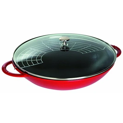 Imagen de STAUB Wok de hierro fundido, Incluye tapa cristal y rejilla extraíble, Apto para inducción, Ø 37 cm, 5,7 L, Rojo cereza