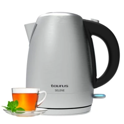 Imagen de Taurus Hervidor de Agua Eléctrico Selene, 2200W, 1.7L, Ebullición Rápida, Sin BPA, Base 360º, Acero Inoxidable y Cristal, Sistemas Seguridad, Resistencia Oculta, Filtro Extraíble, Cable 0,7 m