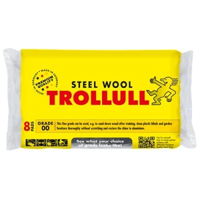 Imagen de TROLLULL lana de acero. La fina 00 se puede utilizar para lijar madera, limpiar persianas plástico y muebles jardín, pulir aluminio, 8 almohadillas 200 g