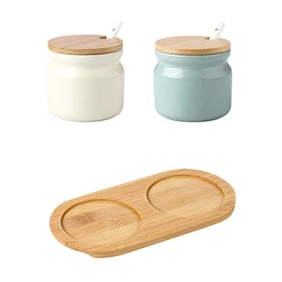 Imagen de OnePine Juego de 2 Azucarero cerámica, 300ml contenedores para Especias azúcar Pot con Tapa bambú y Cuchara, perfecto el hogar la cocina