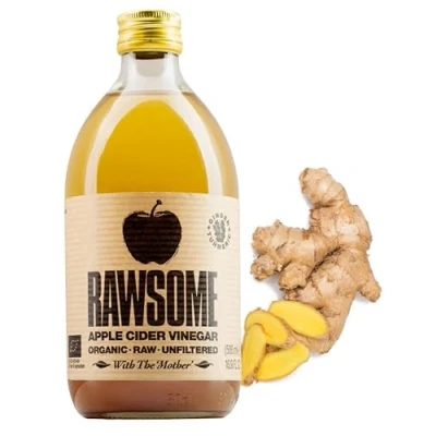 Imagen de Rawsome Vinegars Vinagre de Sidra Manzana con la Madre Aderezado Jengibre y Cúrcuma. Ecológico Puro Sin Filtrar Sabor Afrutado. Botella Vidrio 500 ml