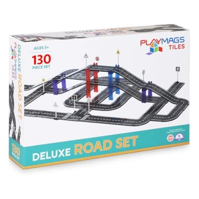 Imagen de Playmags Juego De Azulejos Magnéticos Para Niños, 130 Piezas Bloques Construcción Magnéticos, Juguetes Aprendizaje STEM Creativos Duraderos Con Pista Carreras Autos Curvada Y Recta