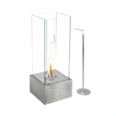 Imagen de KEKAI Biochimenea de Suelo Kilimanjaro 25x25x65 cm Chimenea Portátil Bioetanol con Quemador Acero Inoxidable, Protección Vidrio Templado y Accesorio Apagallamas, Color Plata