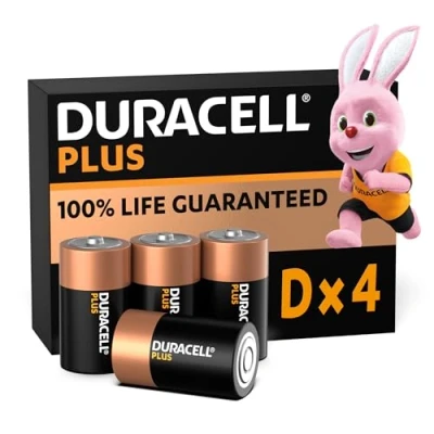 Imagen de Duracell Plus pilas D (pack de 4) Alcalinas 1,5 V 100 % duración garantizada Fiabilidad para dispositivos cotidianos Embalaje sin plástico 10 años almacenamiento LR20 MN1300