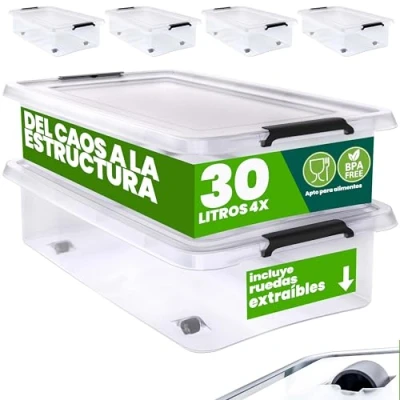 Imagen de Deuba® 4X Cajas de Almacenamiento 30L Tapa Clips Cierre Transparentes Almacenaje Juguetes Ruedas Apilable