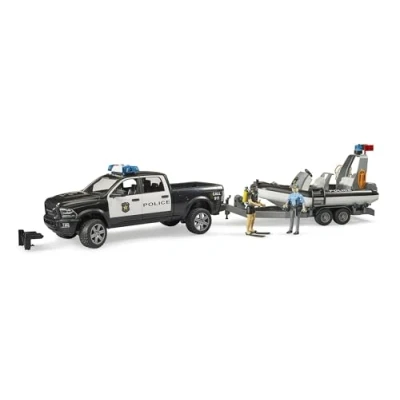 Imagen de bruder 02507 RAM 2500 Polizei Pick up, módulo de luz y sonido, remolque con bote, 2 figuras 1:16 Vehículo emergencia, servicio rescate, policía, buzo, bworld, Toys