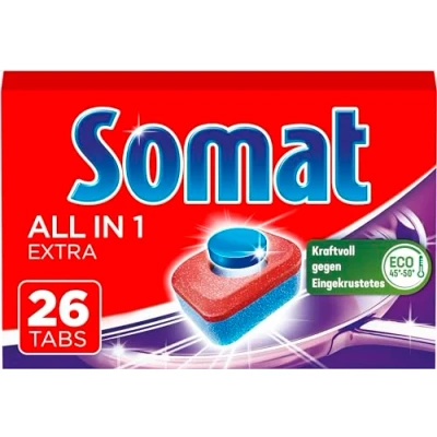 Imagen de Somat Pastillas para lavavajillas todo en 1 extra (26 pastillas), una limpieza radiante incluso a bajas temperaturas, combaten los residuos secos
