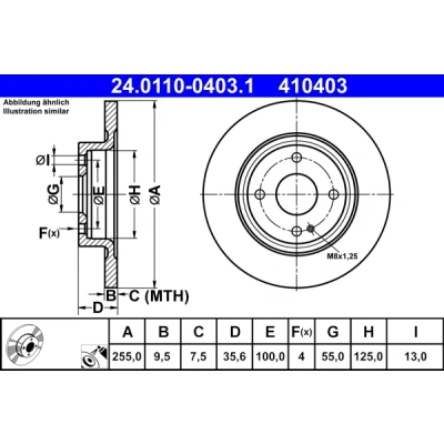 Imagen de ATE 24.0110 0403.1 Disco de freno 255,0 9,5 4 100,0 macizo revestido MAZDA: MX 5 IV