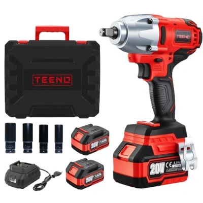 Imagen de TEENO Llave de impacto inalámbrica sin escobillas 1/2&quot;, 600 Nm, 20 V, con 2 pilas 4000 mAh, atornillador 4 boquillas (17/19/21/22 mm), para el automóvil y uso