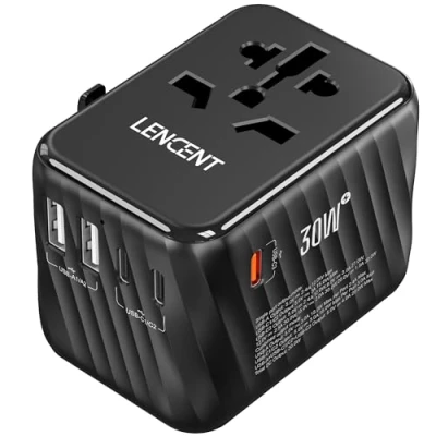 Imagen de LENCENT Adaptador Enchufe Universal 30W, Cargador Internacional con 3 USB C+2 A Carga Rápida, Europeo para Móvil, Tableta, Portátil, EU/USA/UK/AU, Negro