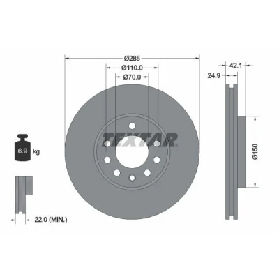 Imagen de TEXTAR 92118700 Disco de freno 285 24,9 05/08 110 ventilación interna sin cojinete rueda, perno sujeción buje rueda