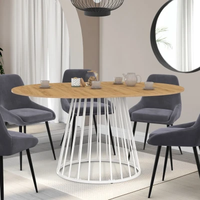 Imagen de Mesa de comedor redonda extensible YUNA para 4 8 personas con tablero madera y pata alambre metal blanco 110 150 cm IDMarket