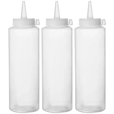 Imagen de HENDI Dispensador de botella para salsas y condimentos, reutilizable, juego 3 botellas, biberón dosificador exprimible, ketchup, mostaza, aceite oliva, 0,7L, ø70x(H)240mm, transparente, PE, PP