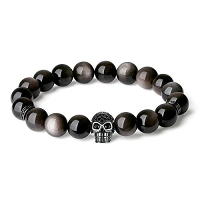 Imagen de COAI Pulsera de Obsidiana Plateada Piedra Natural con Amuleto Calavera para Hombres y Mujeres