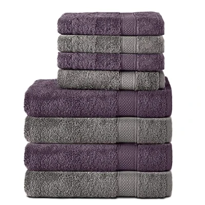 Imagen de Komfortec Juego de 8 Toallas Mano 100% algodón, 4 baño 70 x 140 cm y 50 100 cm, Rizo, Suave, Grande, Antracita, Gris/Violeta