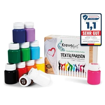 Imagen de Krevo Art Pintura textil resistente al lavado, juego de 12 x 20 ml colores para tela en frasco, pintar diferentes textiles
