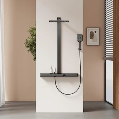 Imagen de EMKE Columna de Ducha Termostática, Bloqueo Seguridad, Lluvia con Grifo, 3 Modos Jets, Manual, Sistema Ducha, Negro Mate,1022x711x605mm