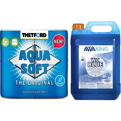 Imagen de Thetford Papel Higiénico Aqua Soft + WC Blue 5L Awaking, Liquido Quimico Potti Caravanas,Camper,Depósito de Residuos Autocaravanas,Sanitary Fluid,Altamente Concentrado,Líquido Potty,WC