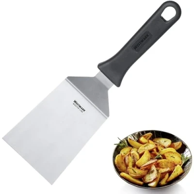 Imagen de Westmark Espátula profesional para grill, Angulada, Rígida, Cerrada, Tamaño de la hoja: 9 x 11,5 cm, Longitud: 29 Acero inoxidable / plástico, Master Line, Negro/plateado, 1344220