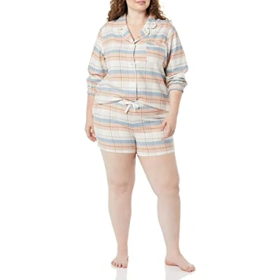 Imagen de Amazon Essentials Conjunto de pijama en franela tejida ligera con pantalones cortos colores interrumpidos Mujer, Beige Mezcla Tela Escocesa, S