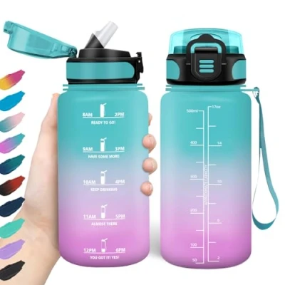 Imagen de Honeyholly Botella Agua, 500 ml con Pajita, de Prueba Fugas, Agua Niños Colegio, Libre BPA, Cantimplora para Niños, Deporte, Running, Gimnasio, Bicicleta