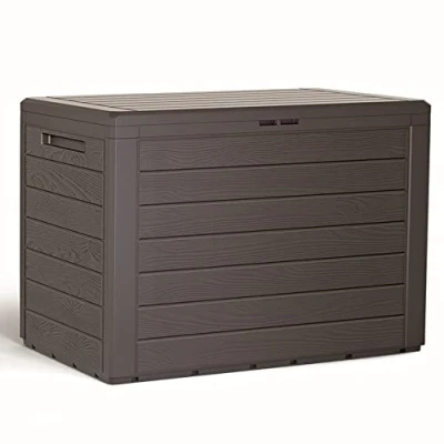 Imagen de Baul de jardin 190 litros Prosperplast Woodebox plastico en color ocre oscuro 78 x 43,3 55 cm