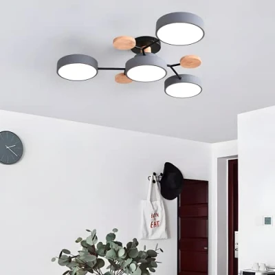 Imagen de Moderna lámpara de techo montaje semirrojo circular acrílico 4 cabezas LED gris nórdico con decoración madera para sala estar comedor dormitorio