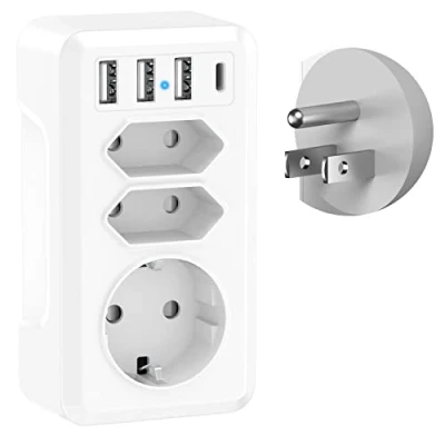 Imagen de Adaptador Enchufe Europeo a Americano, 7 en 1 USA Universal con 3USB y USB C Americano Español de Viaje para Canadá Mexico Tailandia