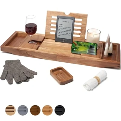 Imagen de Temple Spring Bandeja para bañera (Madera), diseño con candelabro, Copas de Vino, Libros, tabletas, iPad y teléfono, Puente Extensible Ajustable, 100% Acacia, Color Natural