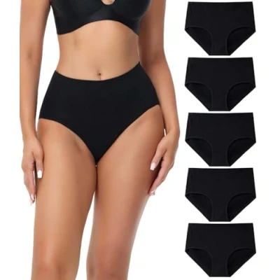 Imagen de wirarpa Bragas Mujer Algodón Braguitas de Cintura Media Alta Ropa Interior Cómodas y Suaves Pack 5 Negro Talla 3XL
