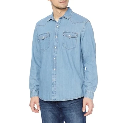 Imagen de Amazon Essentials Camisa de Denim Manga Larga y Ajuste Normal Hombre, Azul Claro, S
