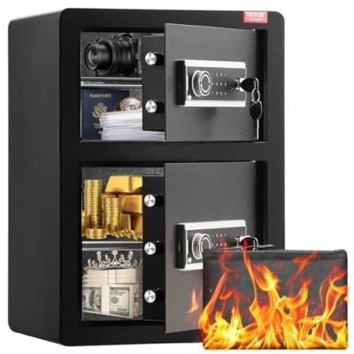 Imagen de VEVOR Caja Fuerte de 99,1 L con Puertas Dobles, Cerradura Llave y Contraseña, Bolsa Ignífuga, Estante para Llaves, Luz LED 2 Divisores Ajustables Extraíbles Dinero, Documentos, Negro