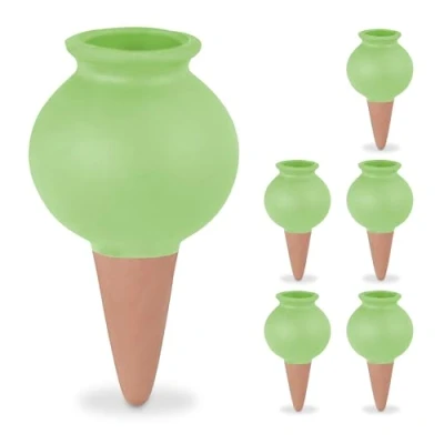 Imagen de Relaxdays Picos de Riego, Set 6, Globos Autorriego Arcilla, Rellenables, Regar Plantas en Vacaciones, Terracota/Verde, Cerámica, 12 x 6 cm