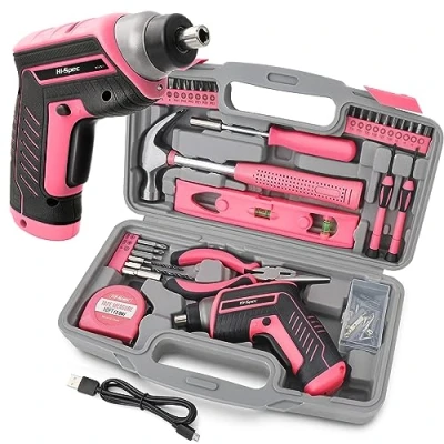 Imagen de Hi Spec Juego de Herramientas Basicas Rosa 35 Piezas con Destornillador Electrico 3.6v Luz LED. Caja Mano para Bricolaje y Reparaciones Diarias en el Hogar, Oficina, Taller.