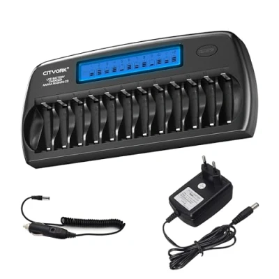 Imagen de CITYORK Cargador de Pilas LCD 12 Ranuras para AA AAA Ni MH CD Recargables con Carga Inteligente e Independiente, AC Adaptador