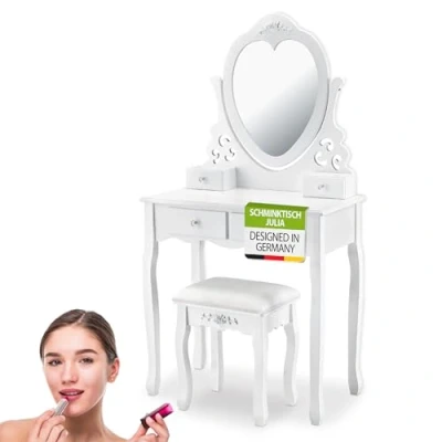 Imagen de Juskys tocador Julia con Espejo, Taburete y 4 cajones 74 x 40 138 cm Estilo rústico MDF Madera Mesa de Maquillaje cómoda Blanco