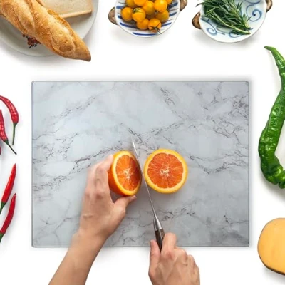 Imagen de Tabla de Cortar Vidrio 40 x 30 cm: Protector Encimera para Cocina Templado Duradero e Higiénico, Resistente a Arañazos EFECTO MÁRMOL GRIS