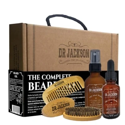 Imagen de DR. JACKSON Kit Cuidado Barba Hombre con Balsamo Barba, Aceite para y Cepillo Pack Regalo Cumpleaños Crece