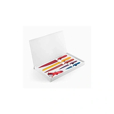 Imagen de InnovaGoods® Juego de cuchillos cocina y pelador, con Revestimiento cerámico antiadherente, cortes uniformes precisos en un solo movimiento, vienen estuche (6 piezas).